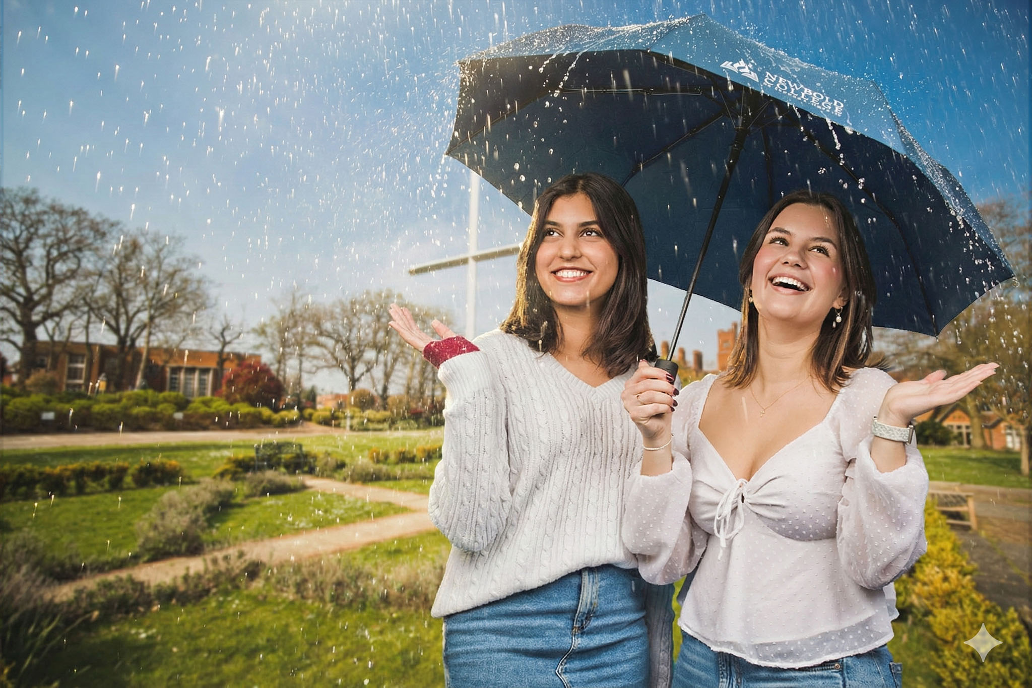Two Newbold students laughing under a shared umbrella in the rain